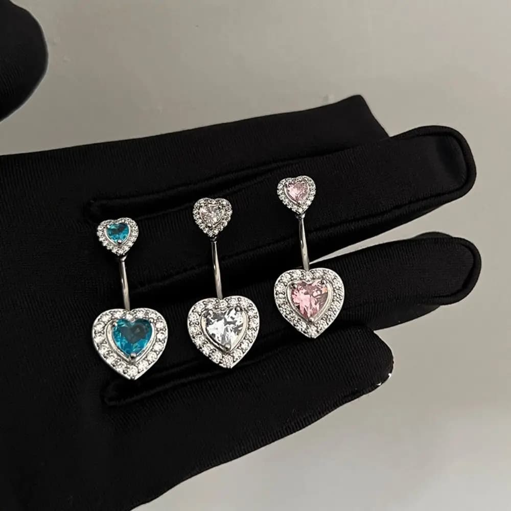 Anello per ombelico in acciaio inossidabile con zirconi e strass, a doppio cuore, piercing per il corpo, gioielli hip hop da ragazza