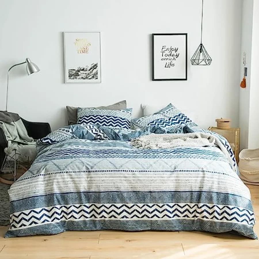 Copripiumino Boho Blu e Bianco 100% Cotone, Set 3 Pezzi con Motivo Azteco Vintage e Chiusura a Cerniera