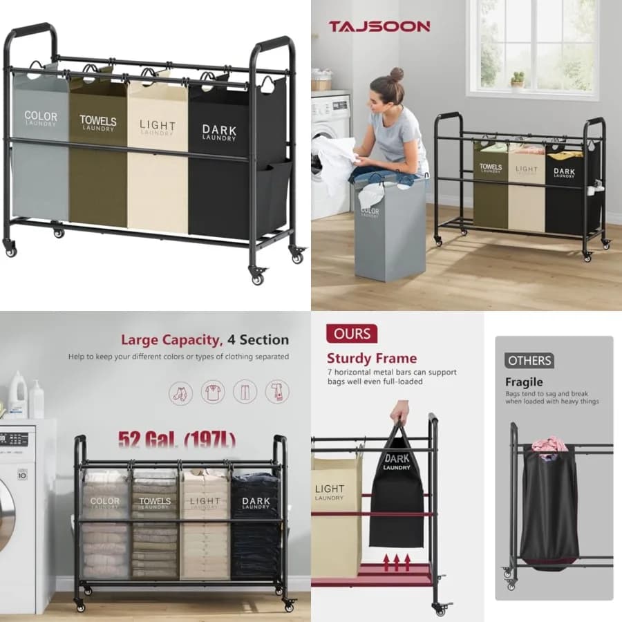 Carrello portabiancheria con 4 scomparti, separatore per bucato con ruote bloccabili resistenti, cesto portabiancheria con separatore.
