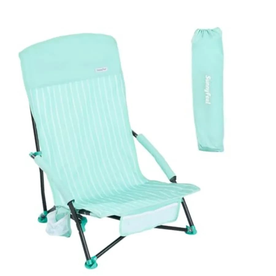 Sedia da spiaggia bassa portatile per uso esterno, telaio leggero in alluminio, blu navy, schienale alto con portabicchieri e protezione dalla sabbia