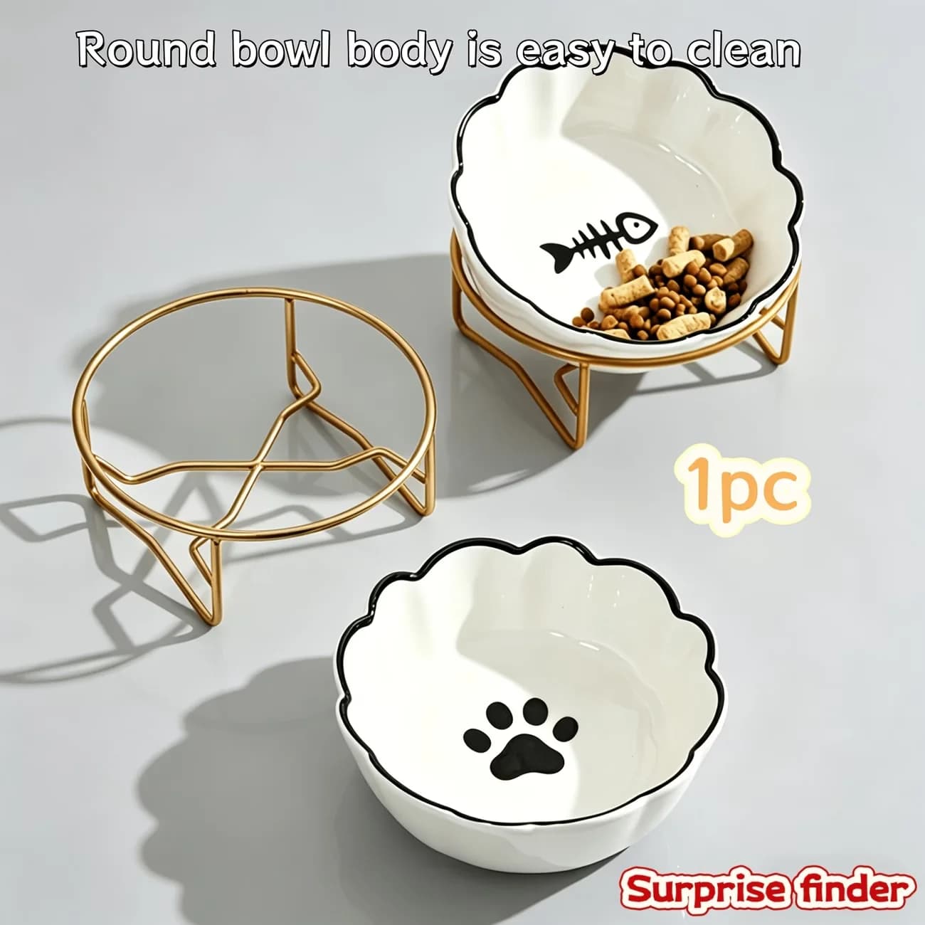 Ceramic Cat Bowl with Iron Stand, Elevated Pet Food Water Bowl for Cats Small Dogs