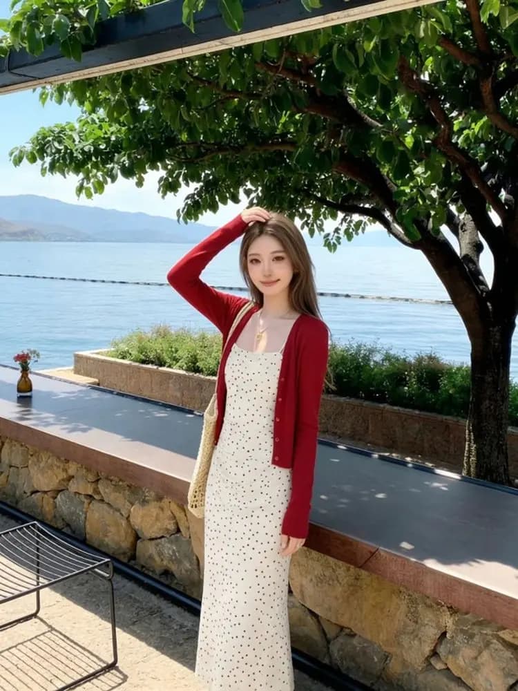 Abito estivo a pois con scollo all'americana da donna, alla moda, slim fit, con vita avvolgente, a vita alta, set due pezzi traspirante casual