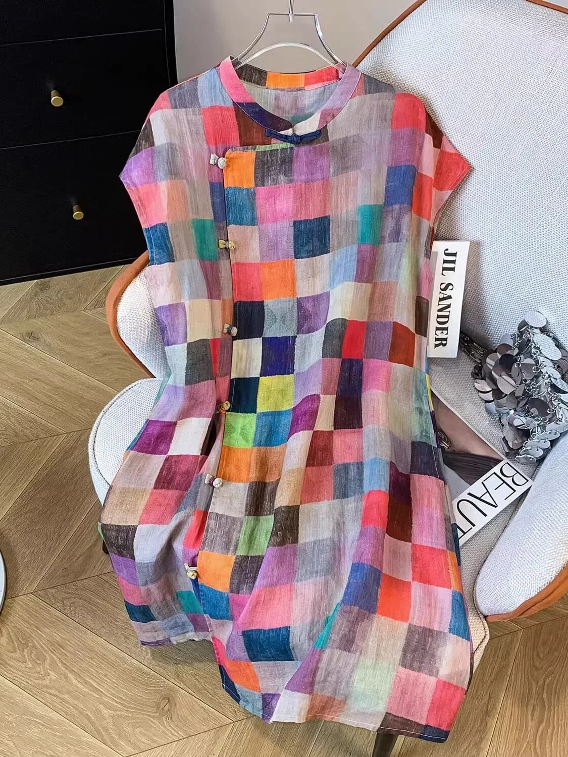 Plaid Linen Sleeveless Dress Women's New Summer Chinese Style National Wind Oblique Flap Button Stand Collar Improve...