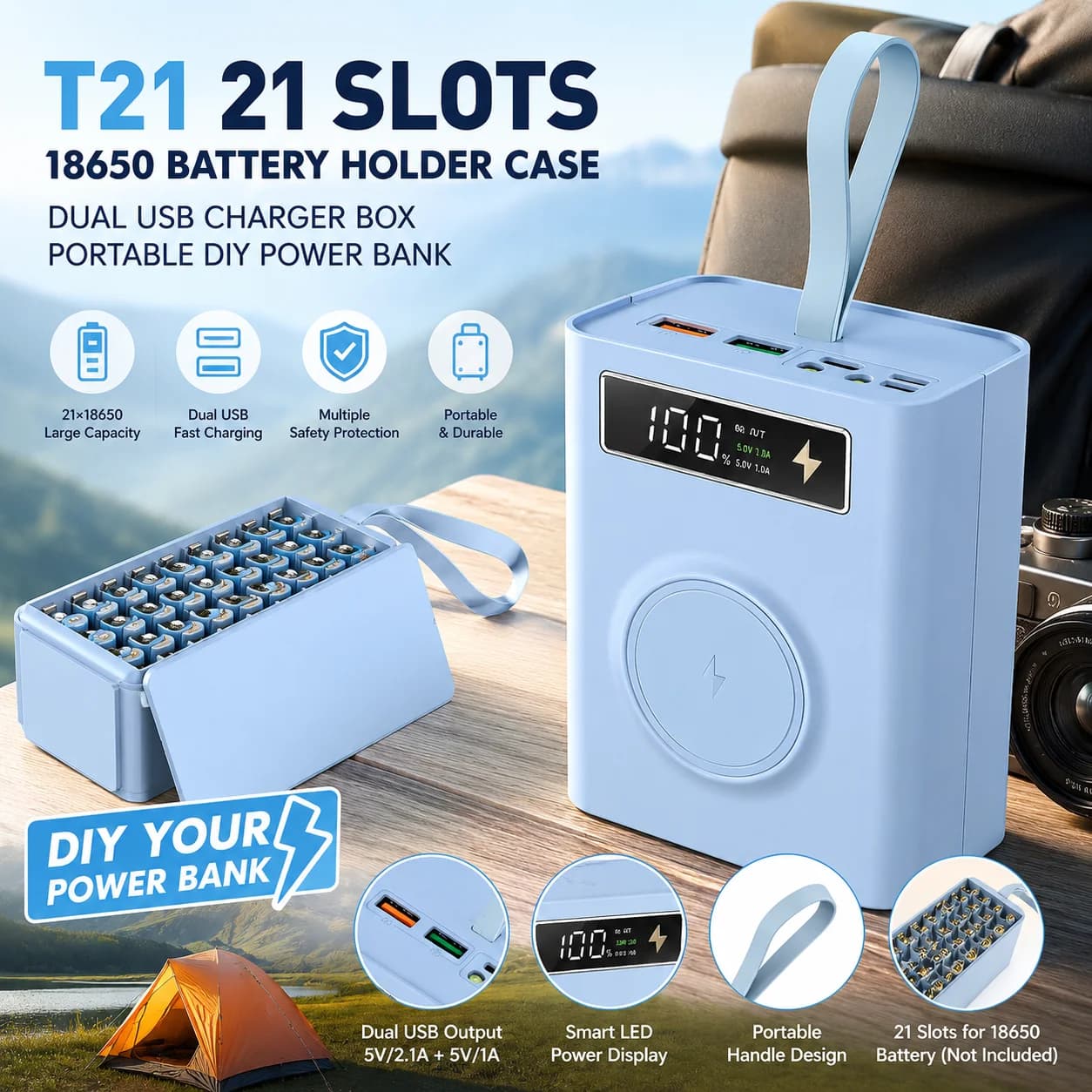 T21 Custodia Portabatterie 21 Slot 18650 con Caricatore USB Doppio, Box Portatile Fai-da-te per Power Bank
