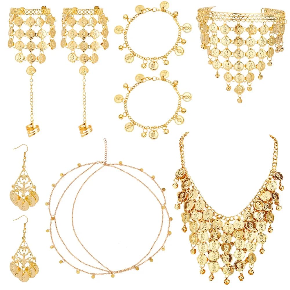 Alloy Flat Round Charms Cluster Bib Necklace Ring Bracelet Dangle Earrings Headwears Anklets Bell Coin Charms Jewelry Set Golden