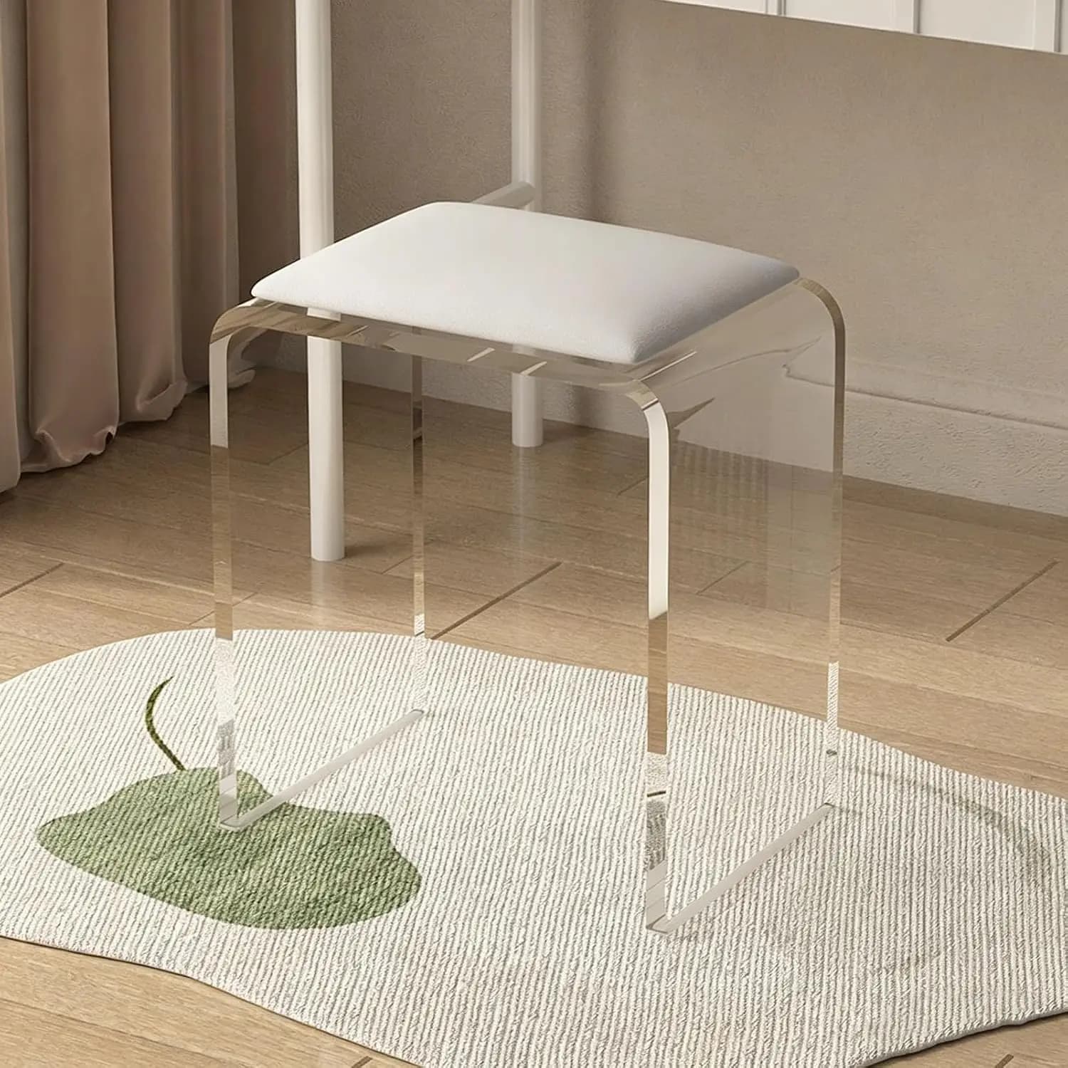 Clear Acrylic Vanity Stool with Soft Cushion, Modern Transparent Ottoman Footrest, Elegant Makeup Chair for Bedroom, Customized