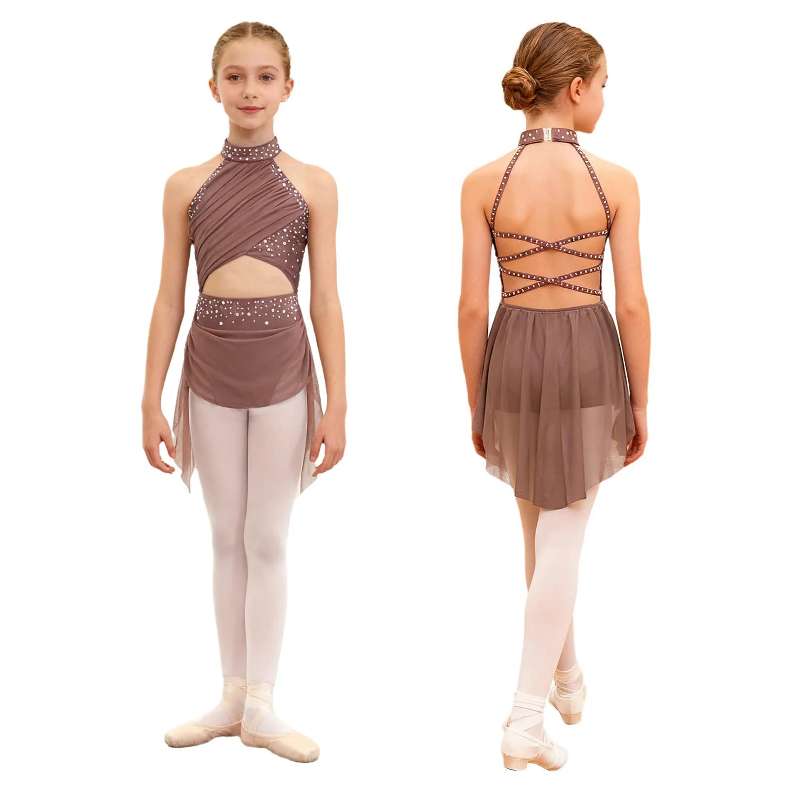 Costume da Danza Lirica Moderna per Ragazze, Abito con Strass Luccicanti e Rete per Pattinaggio Artistico, Balletto, Ginnastica e Acrobazie