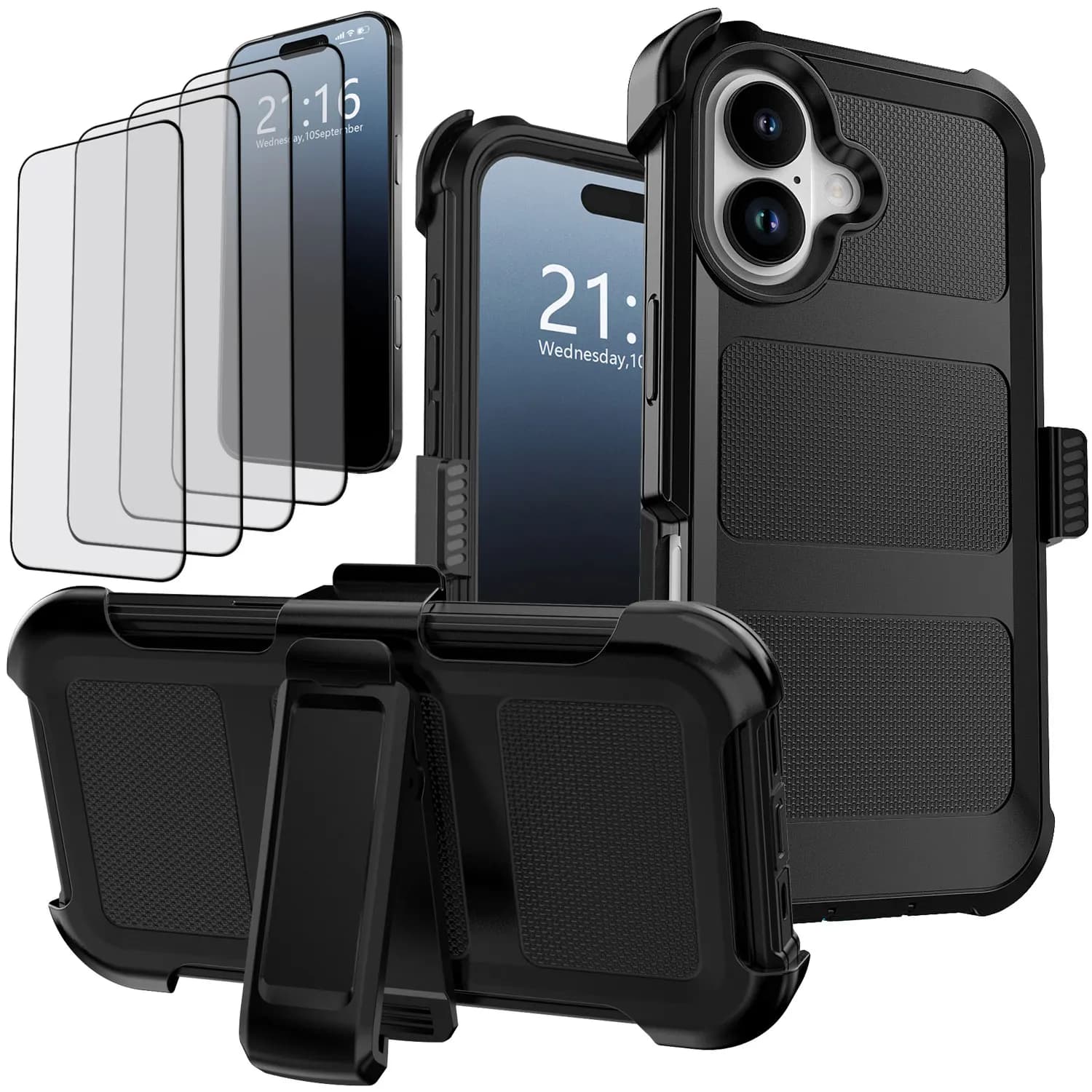 Custodia Robusta Antiurto con Clip da Cintura per iPhone 17/17 Pro/17 Pro Max/17 Air/16e + 2 Pellicole Protettive in Vetro Temperato