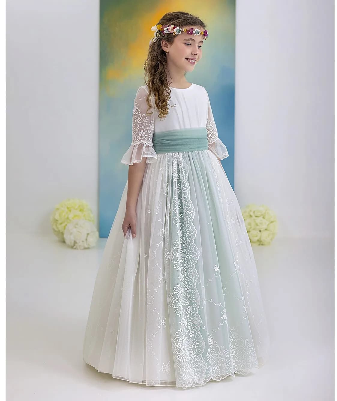 Abito Elegante Personalizzato in Pizzo Trasparente Ricamato per Prima Comunione, Matrimonio, Compleanno o Cerimonia Serale per Bambina