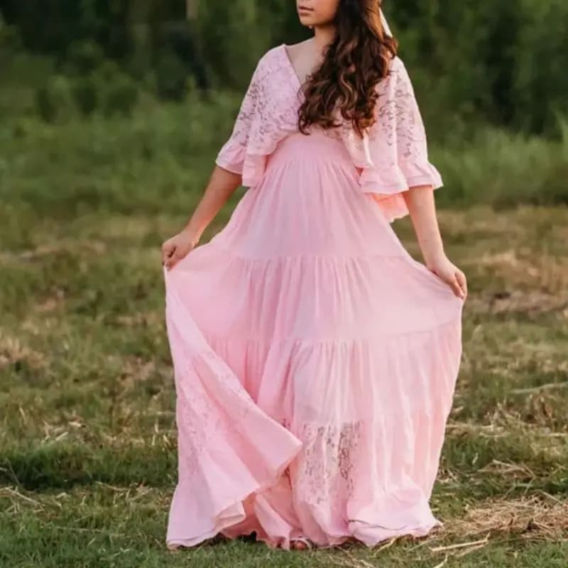 Summer Lace Pink Large Size Maternity Dress for Pregnant Women Street Style Autumn Collection 100% Triacetate Fiber
