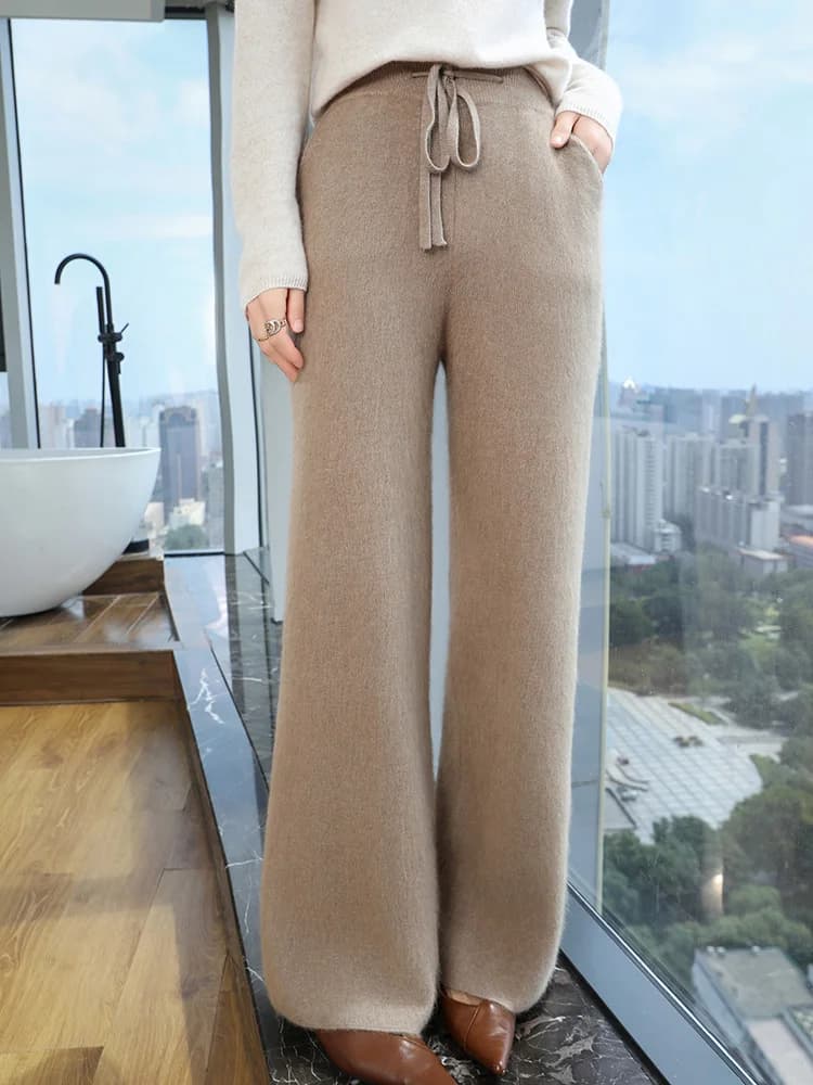 100% puro visone Cashmere lavorato a maglia pantaloni a gamba larga donna pantaloni elastici a vita alta con lacci pantaloni Casual larghi Mop Leggings spessi