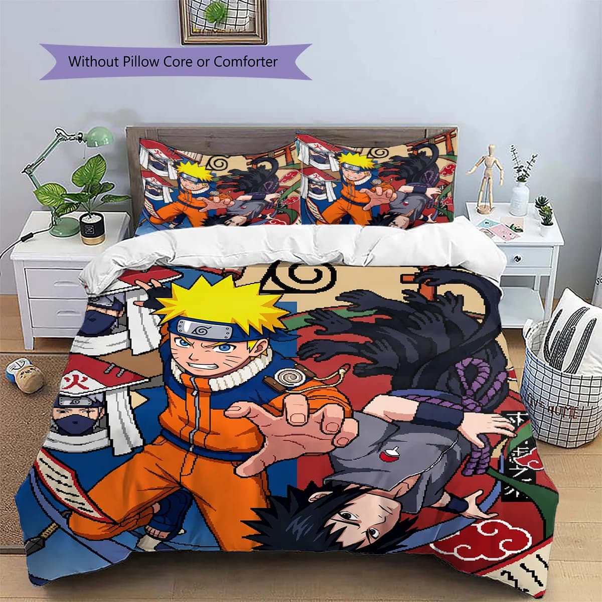 Naruto Patterned Pillowcase & Duvet Cover Set 3 Piece Anime Style Bedding Decor Gift for Fans YUN6515
