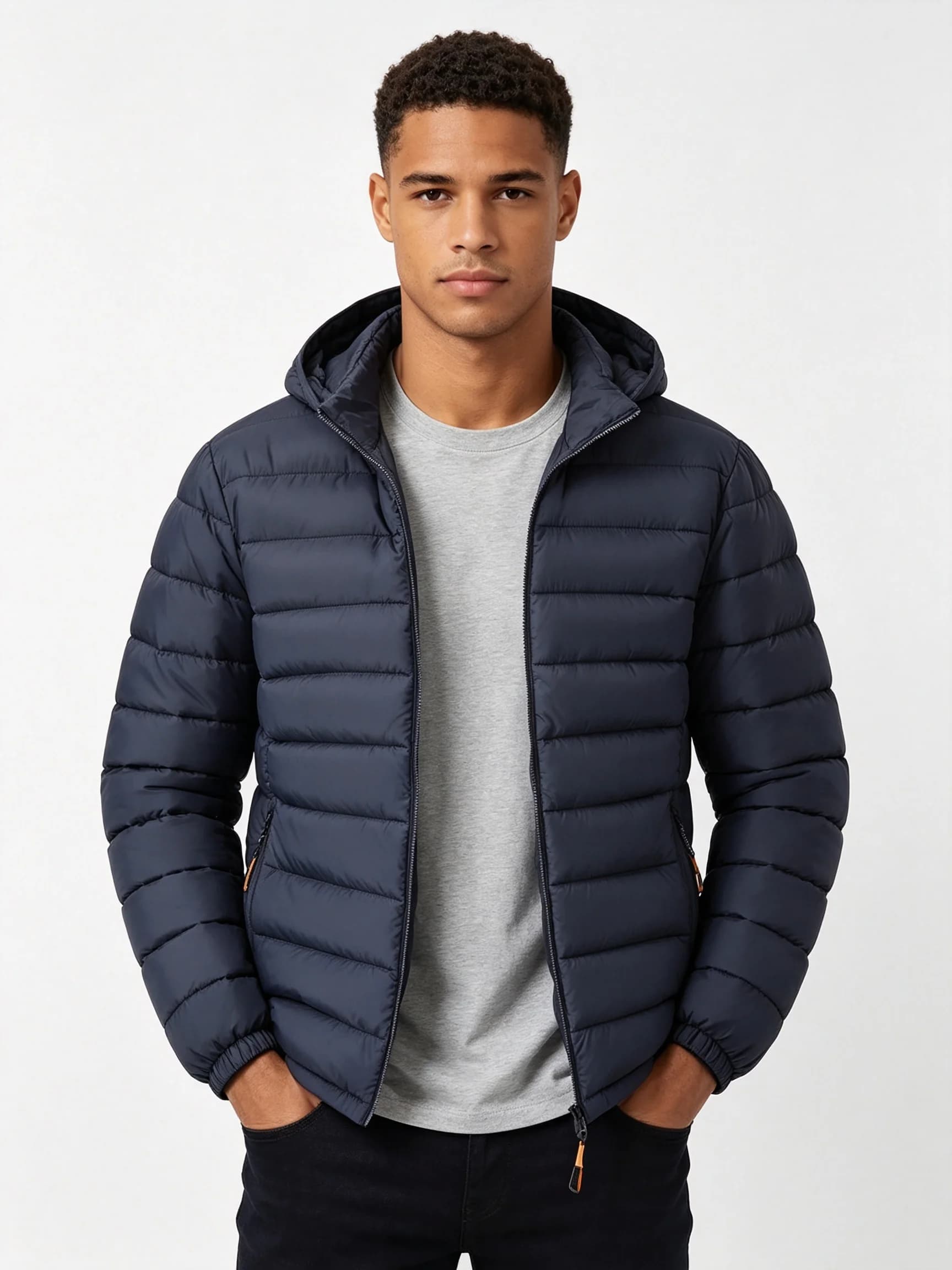 Men Navy Lightweight Hooded Puffer Jacket Winter Warm Windproof Coat Casual Packable Outerwear