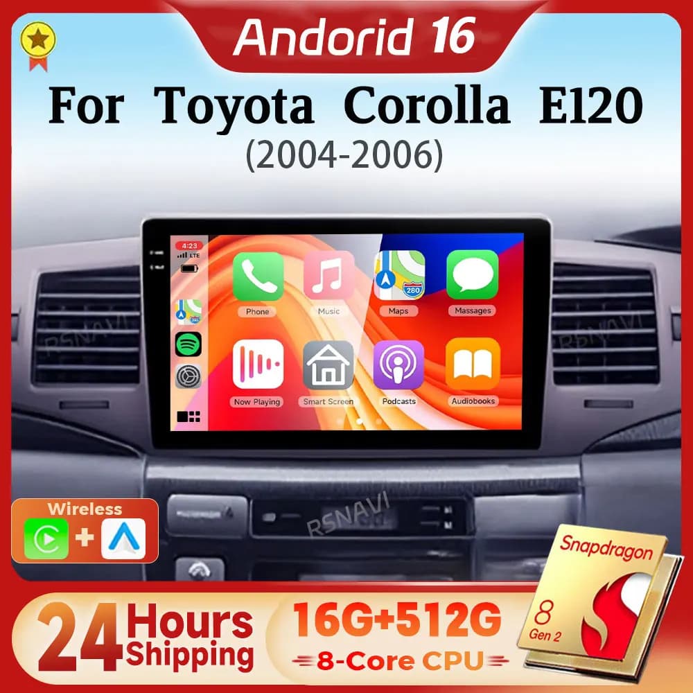 Autoradio Android 16 Qualcomm con Carplay per Toyota Corolla 9 E120 2004-2006, Lettore Multimediale con WIFI+4G, Bluetooth e Snapdragon