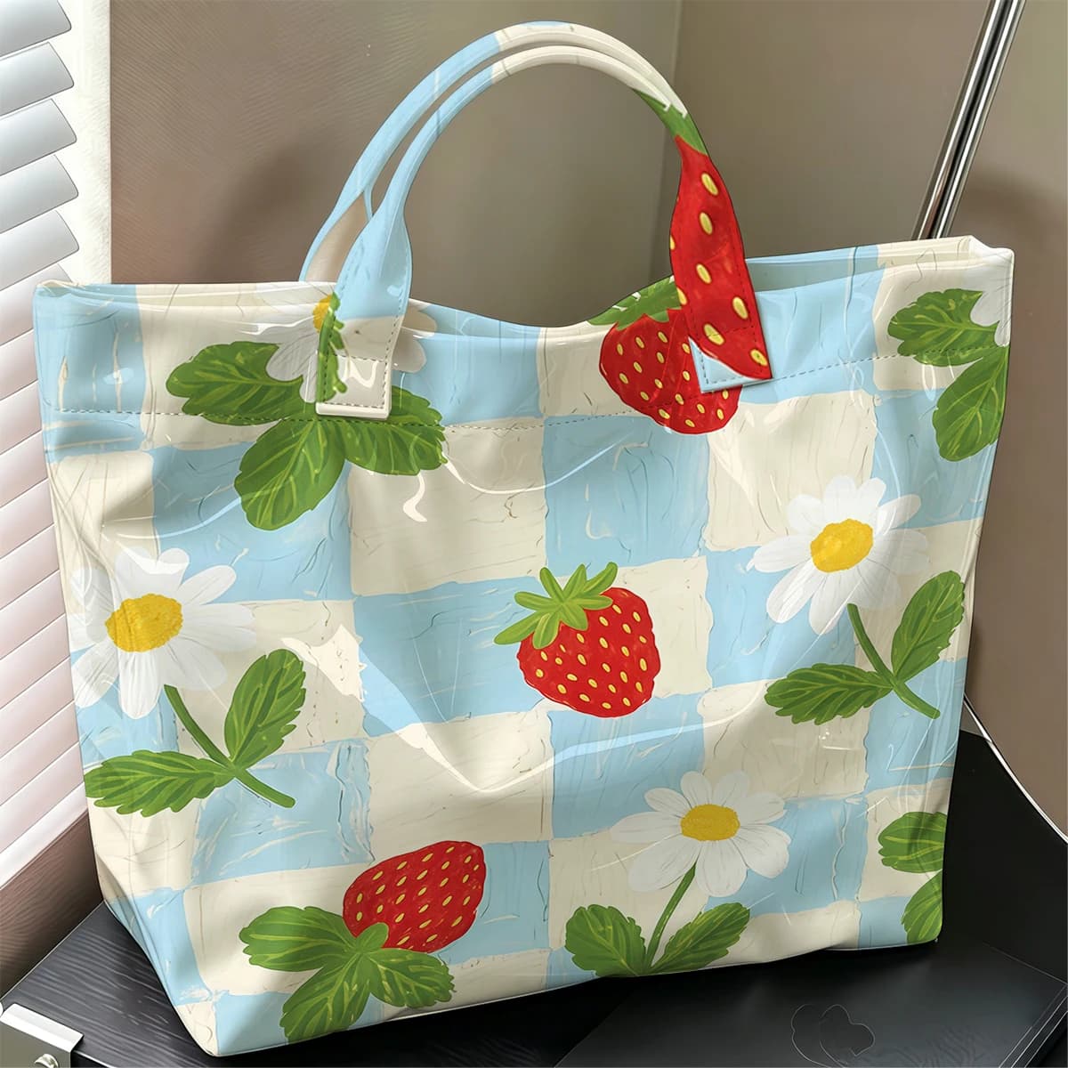 Check Strawberry Daisy Fashion Large Glossy PVC Tote Bag Hand Washable Waterproof Travel Commute Cosmetic Storage Shopper