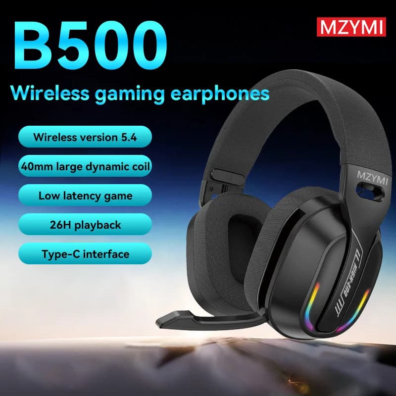 MZYDM B500 Bluetooth 5.4 wireless gaming headphones with RGB light, low latency over-ear headphones with microphone for PC headset