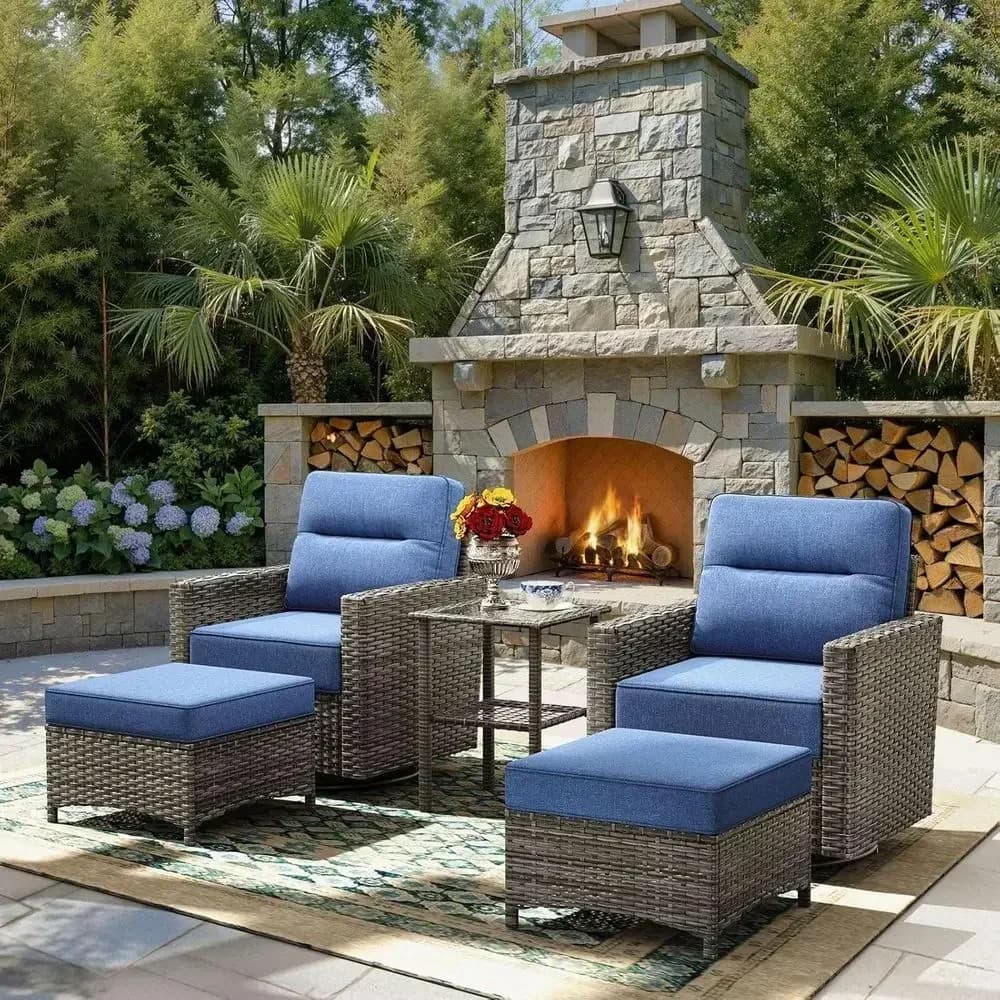 Blue 5-Piece Luxury Patio Furniture Set with Thick Cushions, Outdoor Swivel Rocking Chairs for Deck, Balcony, Yard