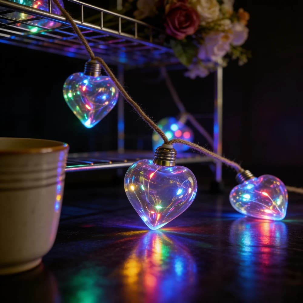 1PC 5M10LED Luci a stringa a forma di cuore, luci fatate a LED impermeabili con corda di canapa per decorazioni da esterno, patio, matrimoni, feste, campeggio