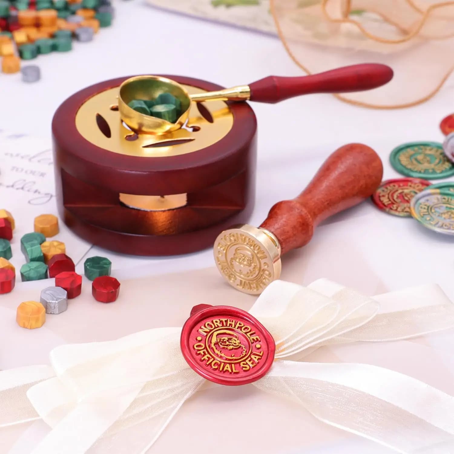 Christmas Seal Wax Kit - 800pcs Beads, Santa Claus Stamp, Warmer, Spoon, Pens and Tealight Candles for Envelopes, Letters, Craft