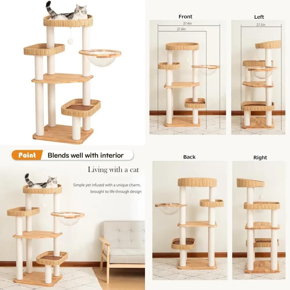 Torre per gatti moderna multilivello in legno con letti in rattan e ciotola in acrilico per gatti da interni - Condo per gatti in legno naturale