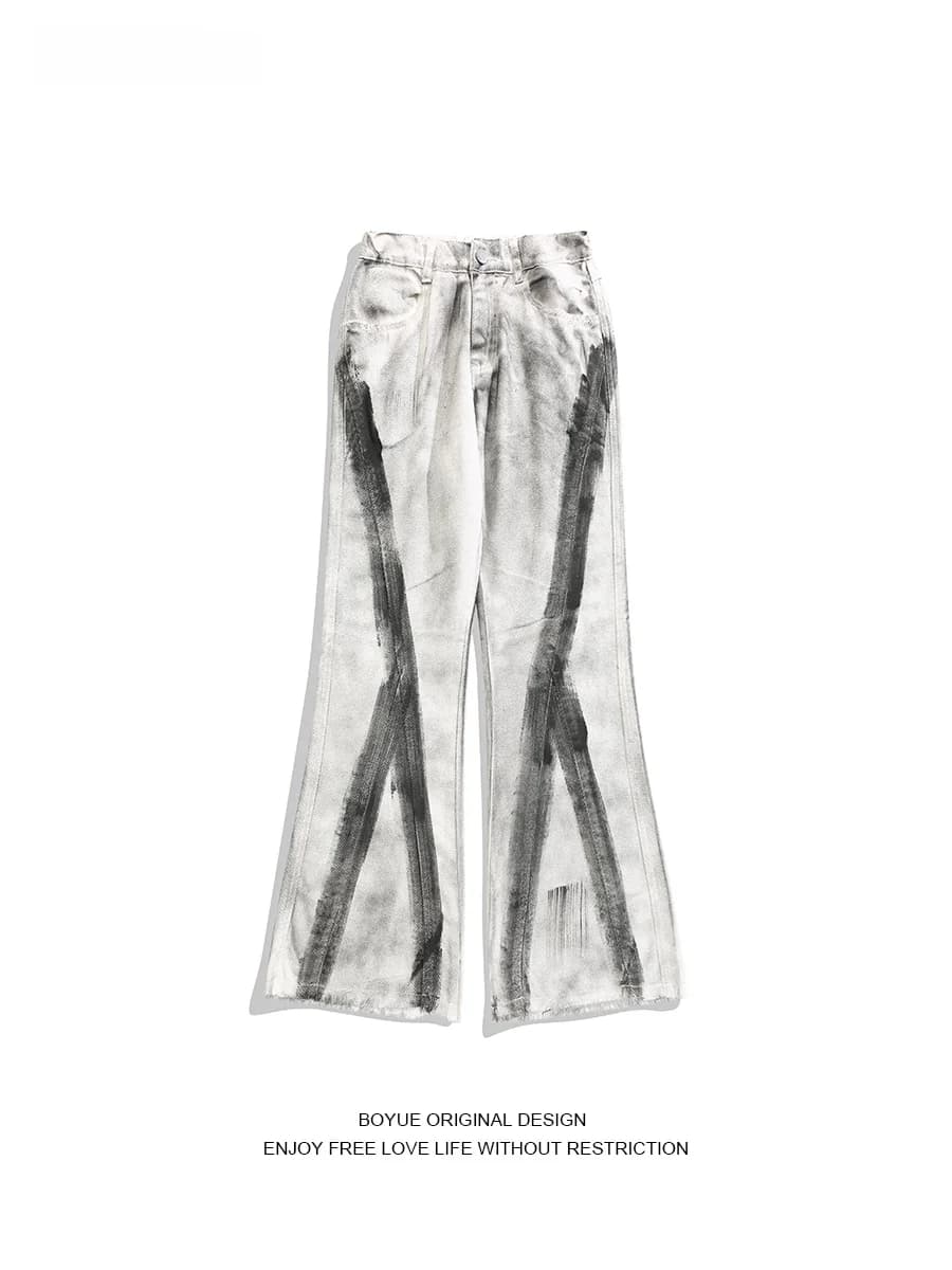 Jeans da Uomo Boyue Blu Sbiadito a Zampa d'Elefante, Pantaloni a Gamba Larga con Blocchi di Colore, Orlo Sfilacciato Tie-Dye, Casual per Ragazzi e Giovani