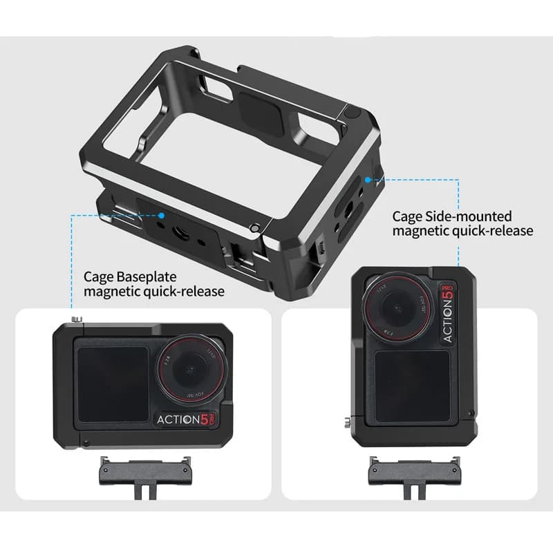 Gabbia per fotocamera per DJI Osmo Action 5 Pro 4 3 Custodia protettiva per fotocamera Action Telaio in metallo con pattino freddo Azione magnetica estesa