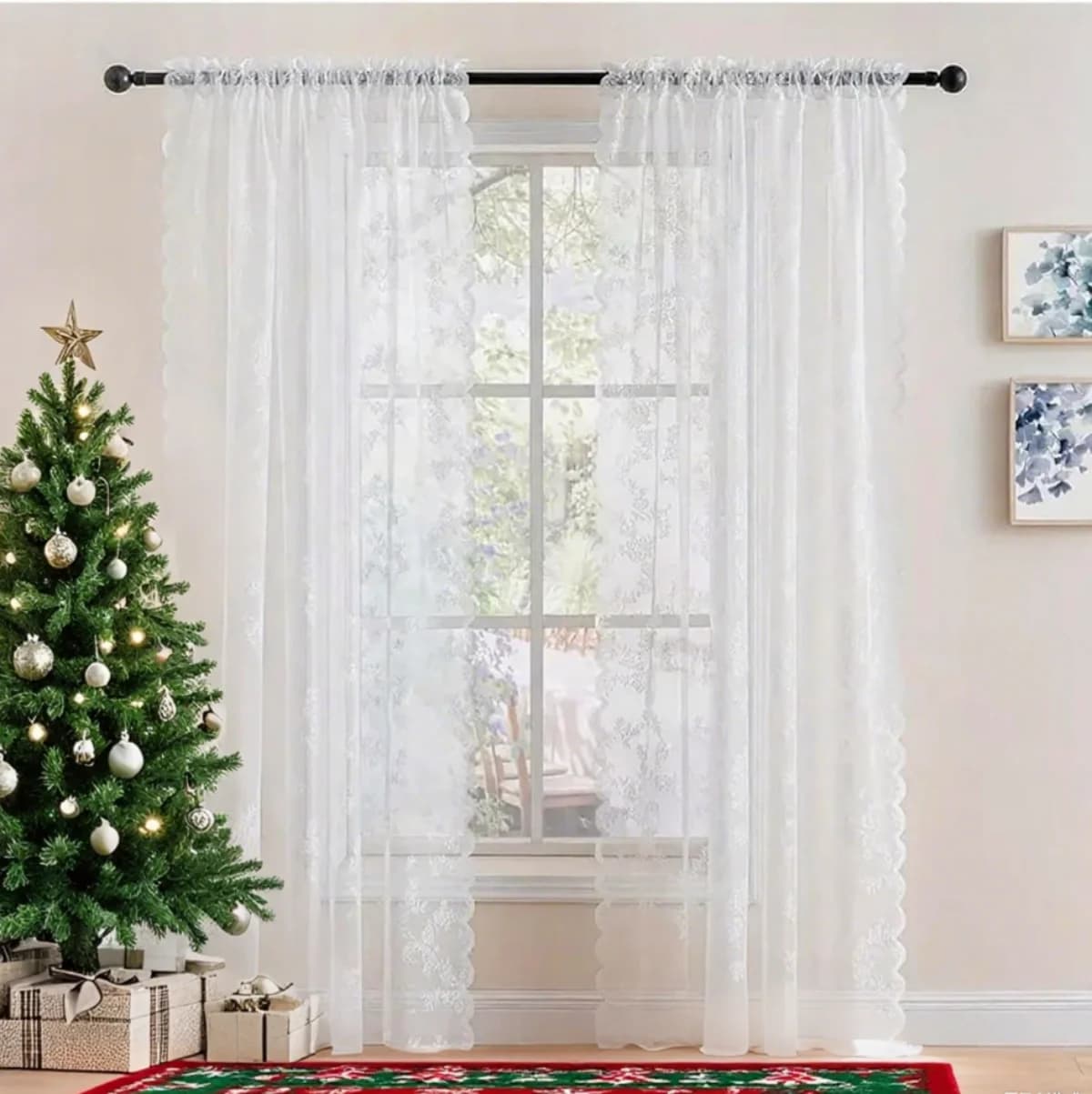 1PC White Lace Christmas Curtains for Living Room Bedroom, Transparent Curtains for Pink Embroidered Farm Windows