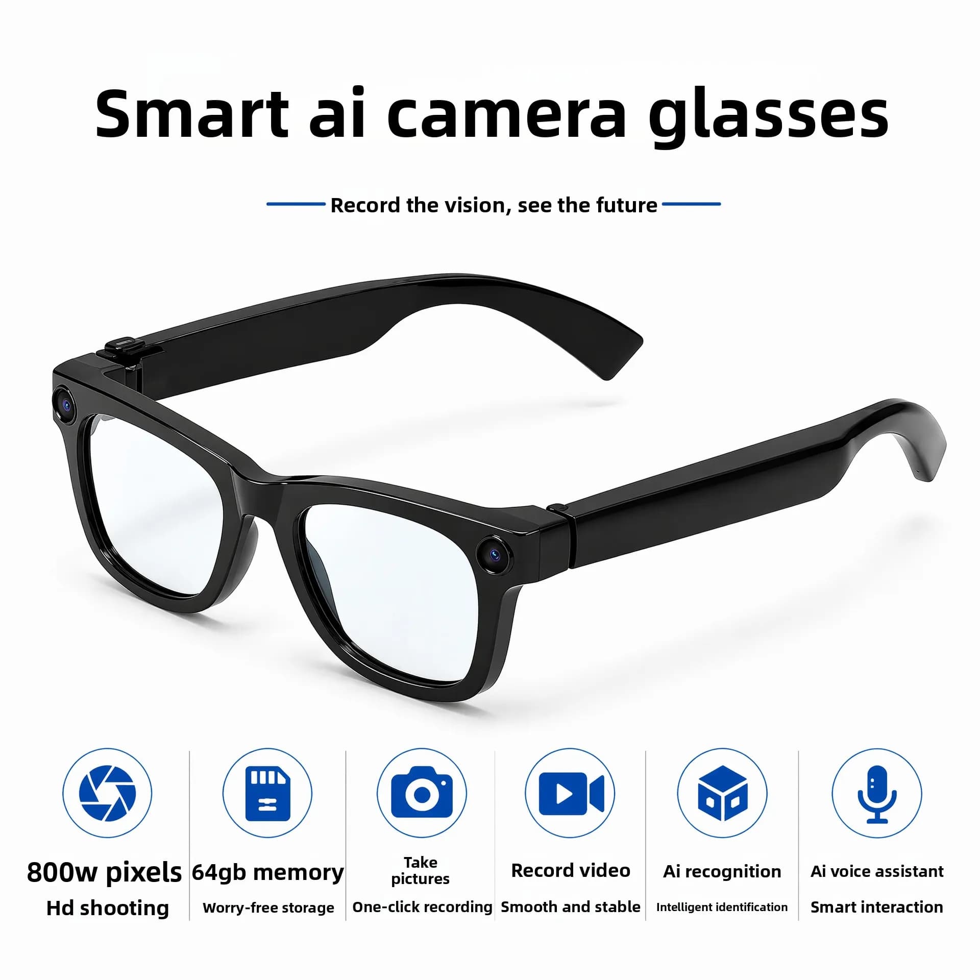 T100 AI Smart Glasses 8MP Camera 8GB Storage Photo Video Recording AI Object Recognition Real-Time Translate For Phone Laptop