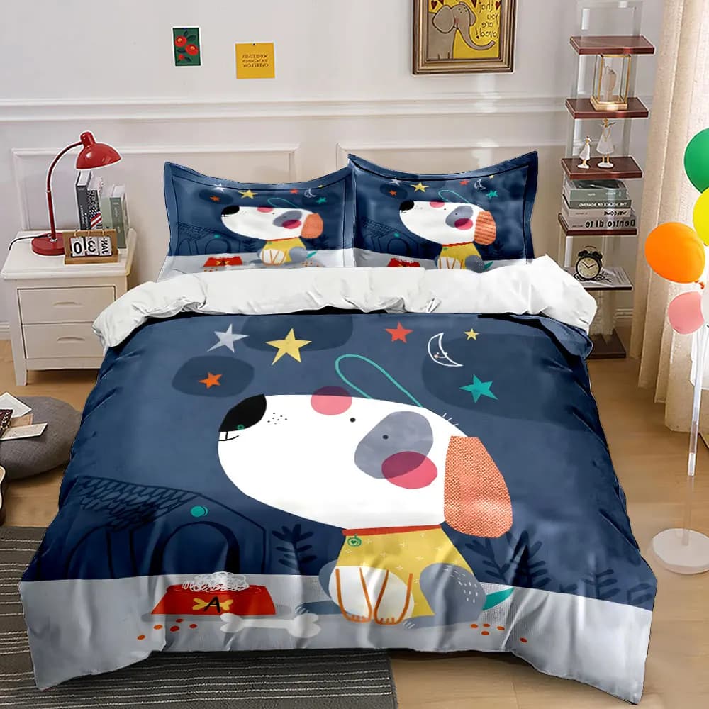 Dog dining scene at night cartoon Print Bedding Set 1 Duvet Cover 2 Pillowcases for Adult and Children Luxury Gift Full Size