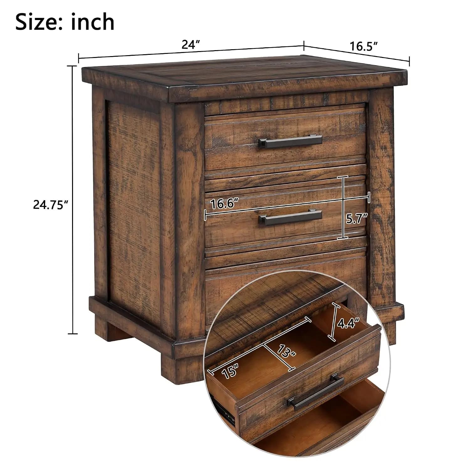 3-Drawer Wood Nightstand With Metal Handle, Bedside End Table For Living Room & Bedroom, Customized