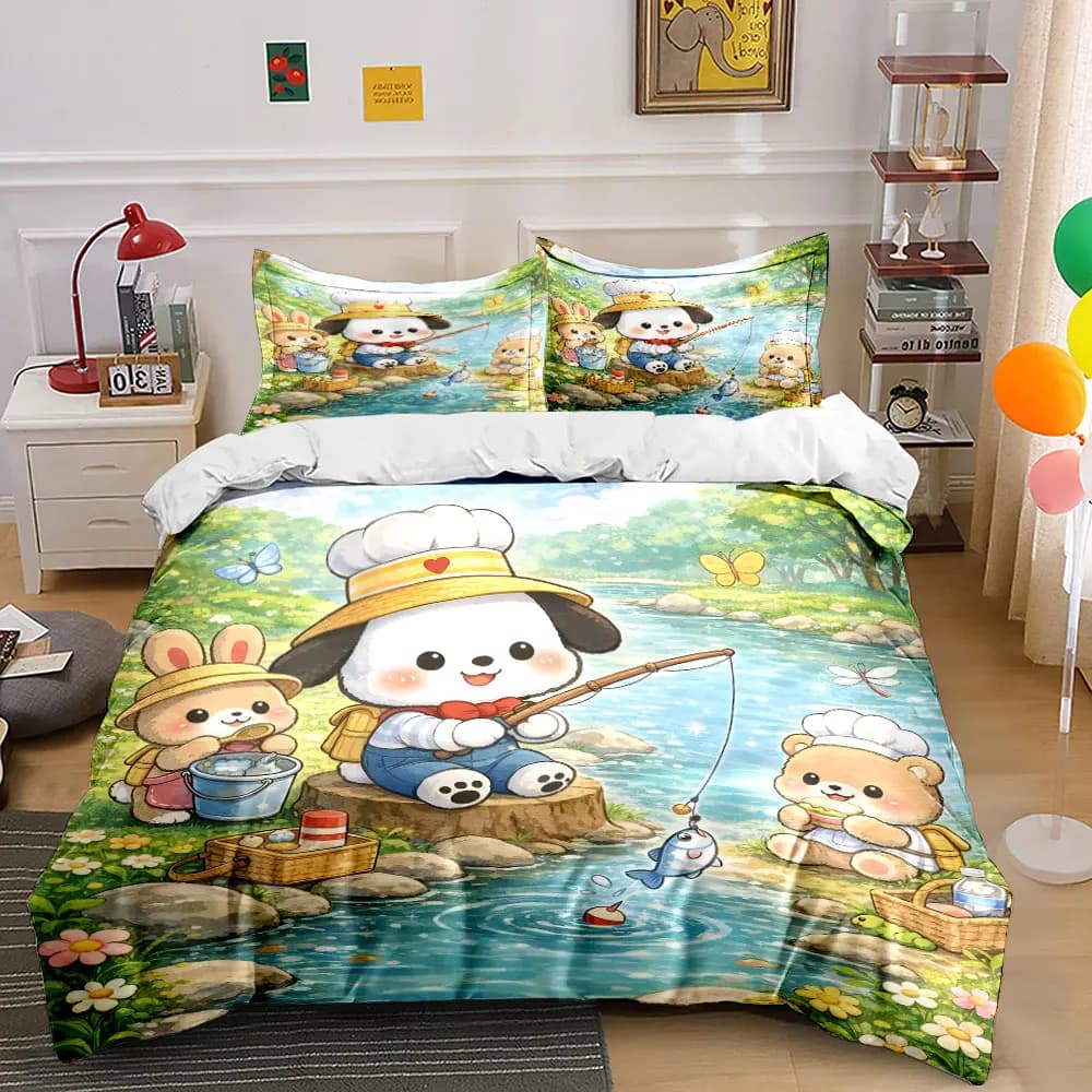 Set copripiumino stampato con animali che si fanno pescacchiere a bordo del ruscello, 1 copripiumino + 2 federe, decorazioni per la camera da letto in diverse misure, regali di lusso