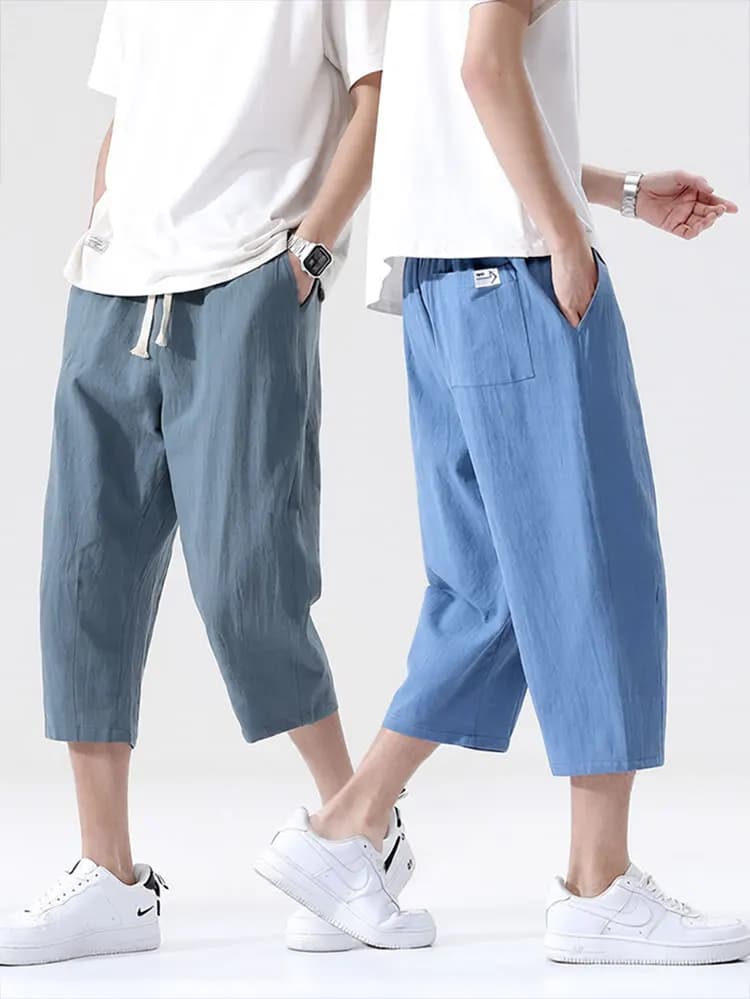 Summer Cotton Linen Casual Shorts Men Holiday Solid color Beach Straight Baggy Wide Capris Pants Sport Gym Half Short Trousers