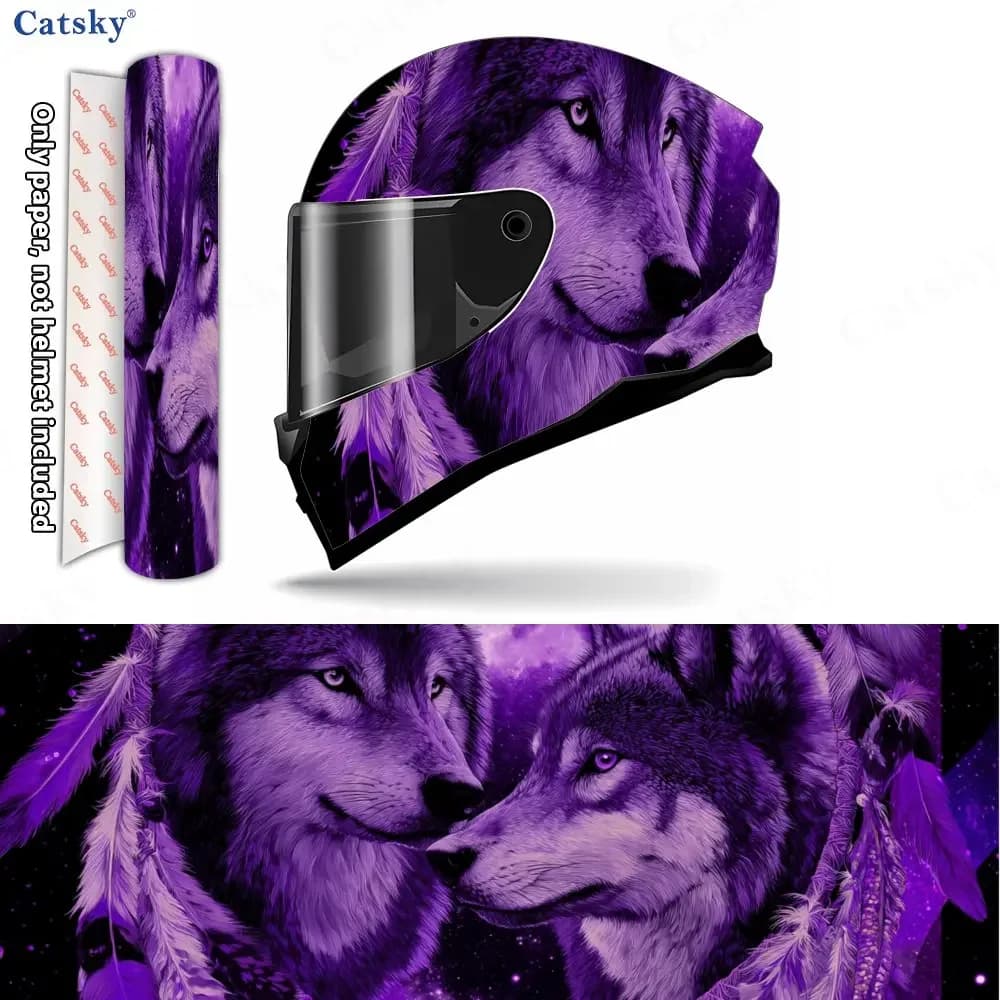 Purple Twin Wolf and Dreamcatcher Motorcycle Helmet Decal, Waterproof Self-adhesive Helmet Vinyl Wraps Sticker, Cool Graffiti Fi