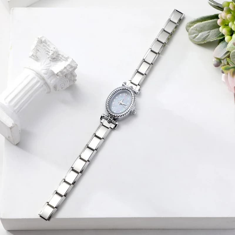 1PC Vintage 9MM DIY Charm Stainless Steel Zircon Shiny Watch Bracelet Bangle High Quality Oval Watch Head Christmas Jewelry Gift