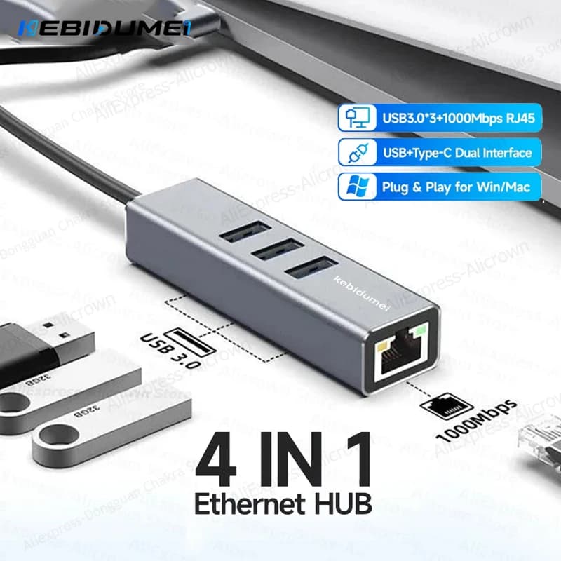 KEBIDUMEI 1000Mbps Wired Network Card 3 Ports USB 3.0 HUB USB to Rj45 Gigabit LAN Ethernet Adapter for PC Macbook Win Laptop