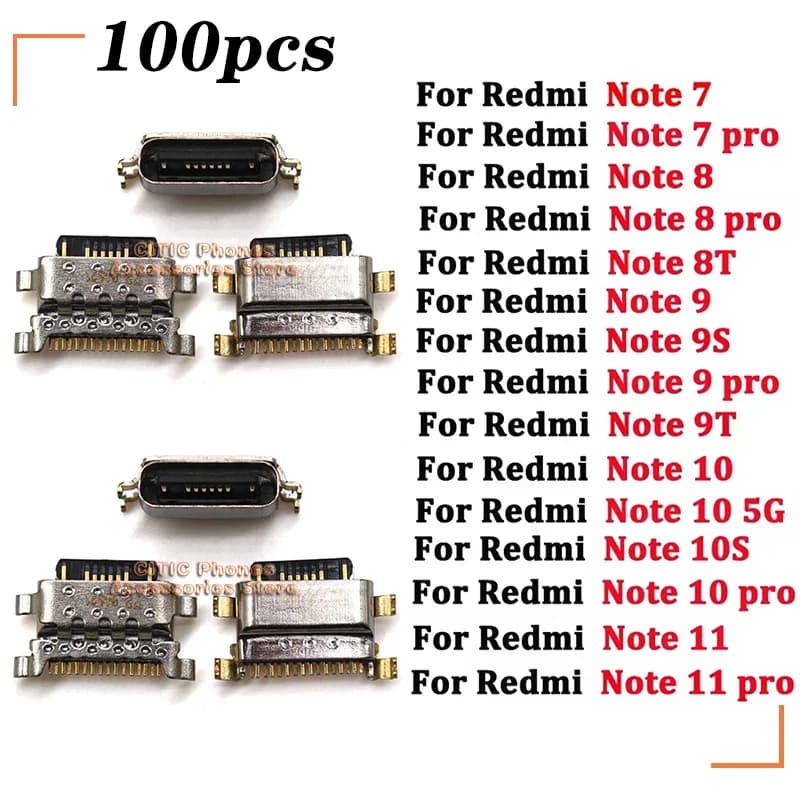 100 pcs USB Jack Refill Plug Dock Charger Connector for Xiaomi Redmi Note 7 8 8T 9 9T 10 10S 11 Pro 4G 5G