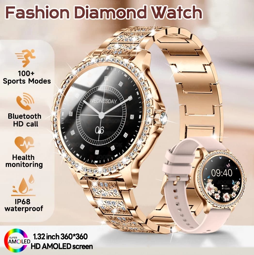 Nuovo Orologio da Donna alla Moda 2026 con Diamanti, Display HD da 1,32 Pollici 360*360, Monitoraggio Frequenza Cardiaca e Ossigeno nel Sangue, Chiamate Bluetooth, Smartwatch