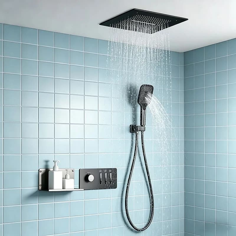 Brushed gold shower set with cascading ceiling shower head, brass recessed thermostatic mixer, 3-function shower head