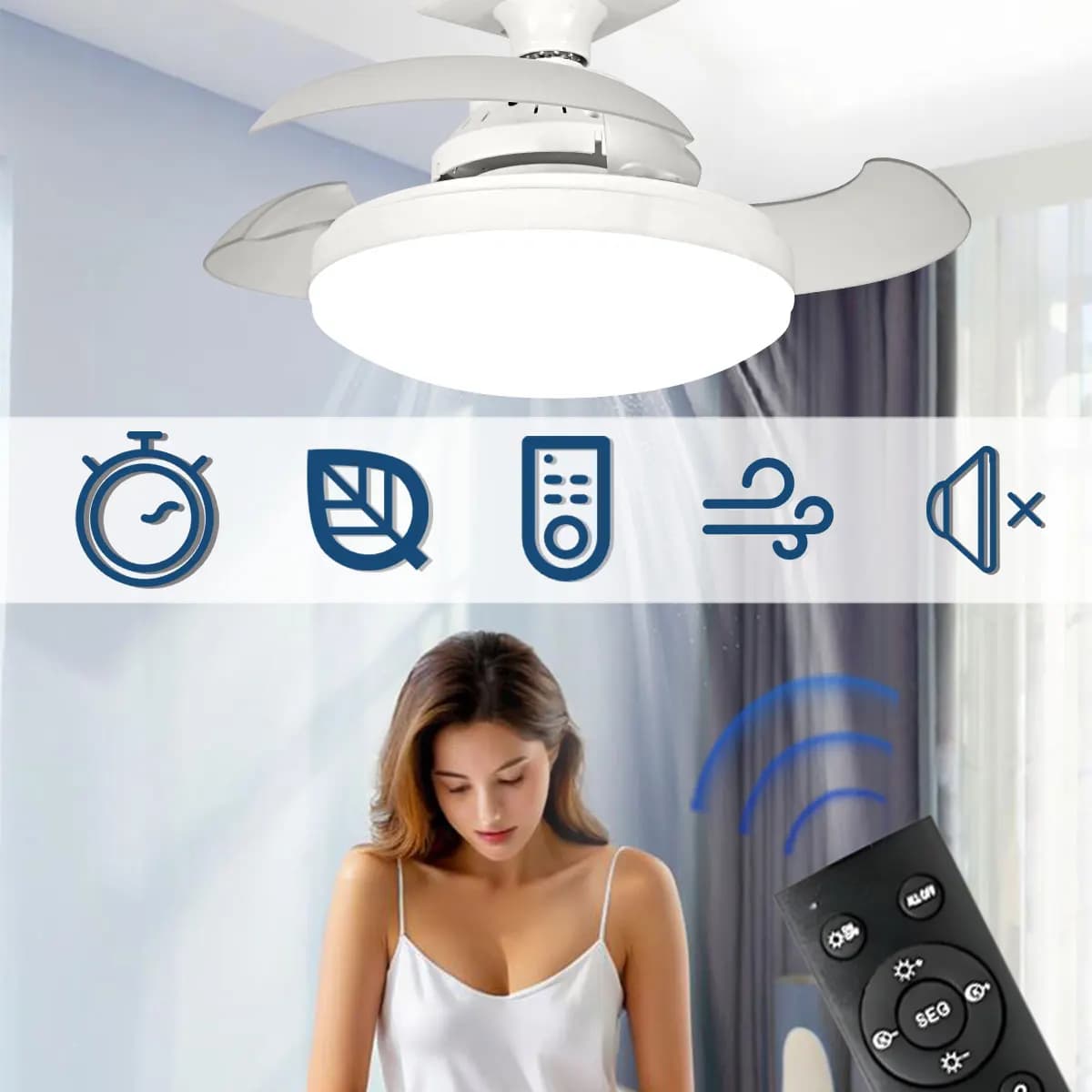 Ventilatore da soffitto a LED E27 con regolazione a tre colori con telecomando Lampada da ventilatore invisibile dimmerabile silenziosa per soggiorno camera da letto