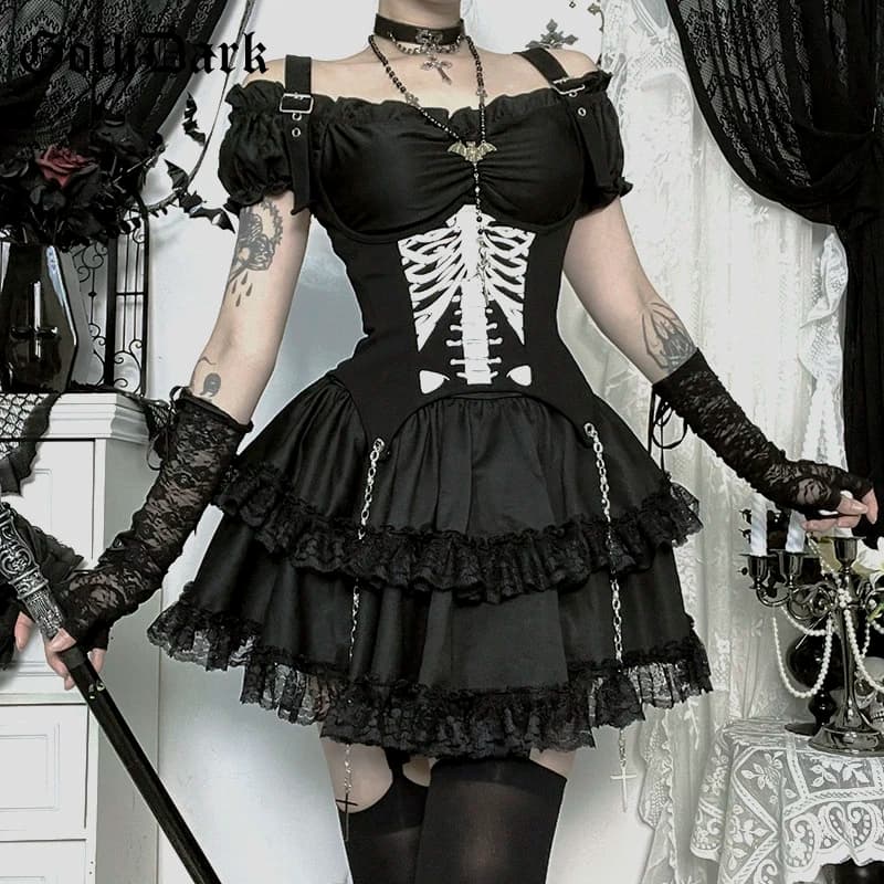 Goth Dark E-girl Kawaii Abiti a pieghe con cuciture in pizzo Party Mall Gotico Streetwear Cyber Y2K Plaid Cinghie di mais Mini abito senza schienale