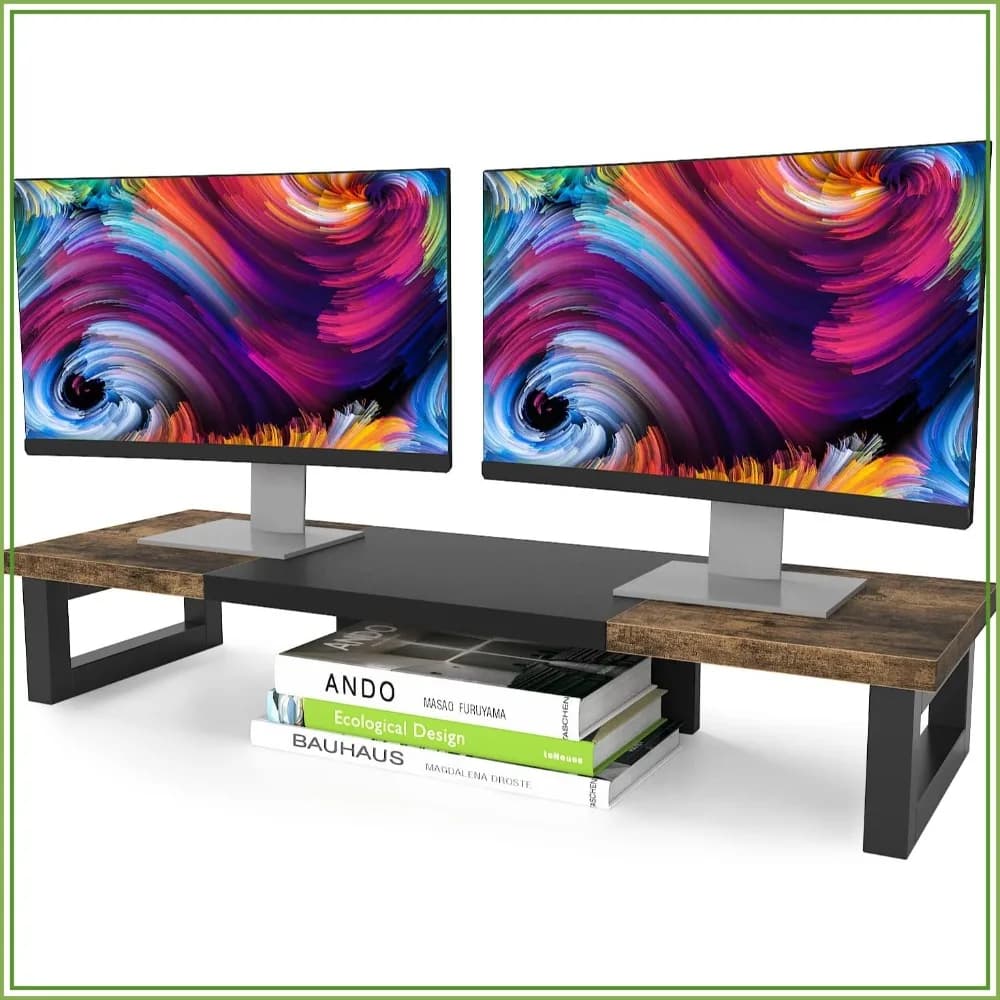 Dual Monitor Stand Riser, Wood and Steel Multi-Purpose Desktop Storage for 2 Monitors, Laptop, Printer, TV, Rustic Brown