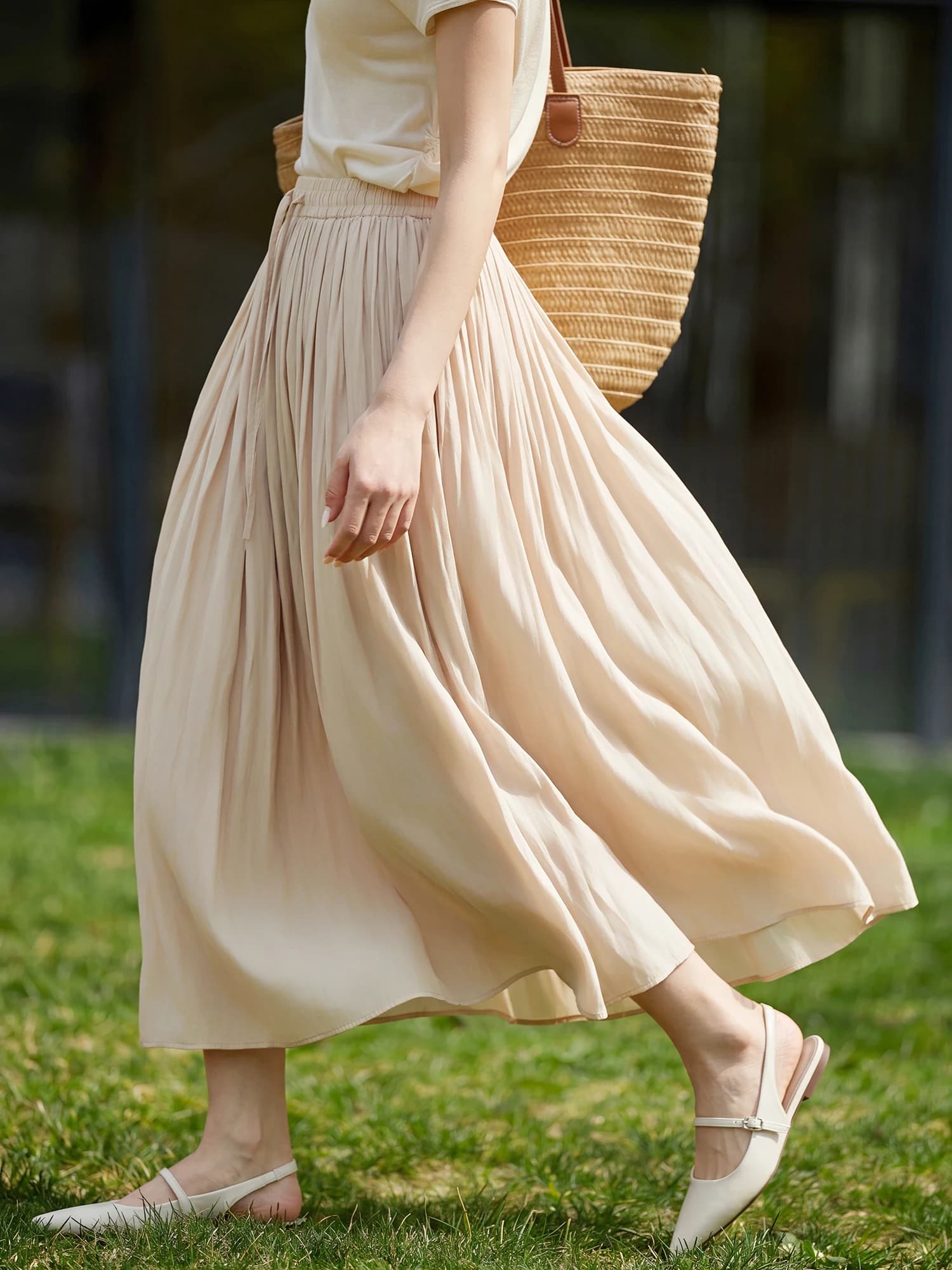 Silky Draped Ice Oxygen Lyocell Women's Skirt Belted Waist Flared A-Line Polyester Blend Summer Fashion Ladies' Skirts