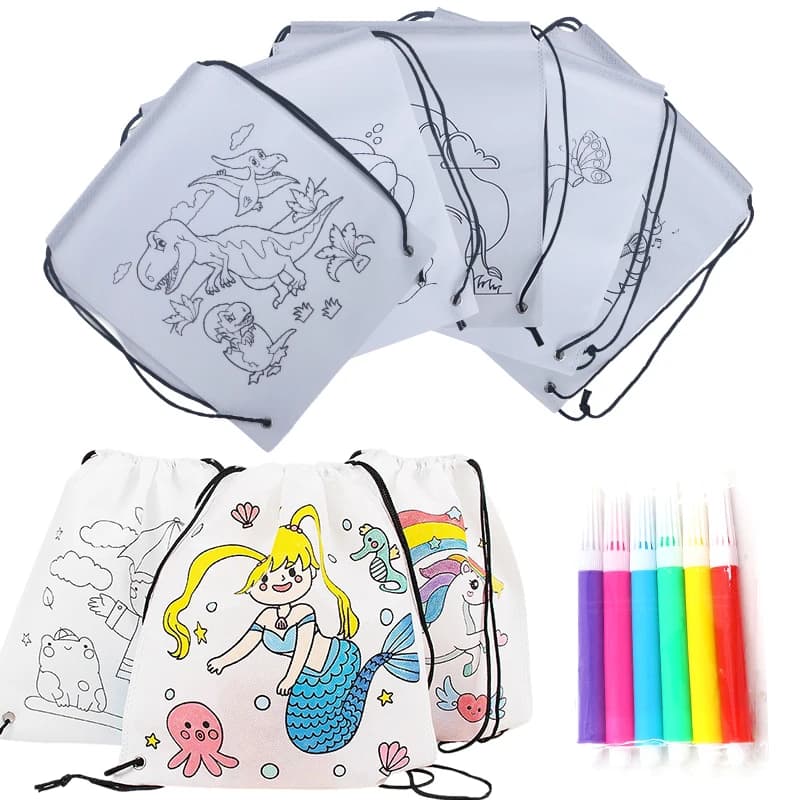 5-10 Pezzi Sacchetto Colorato con Coulisse per Graffiti, Fantasia Assortita Casuale, Zaino Fai-da-te con Animali Cartoni Animati da Dipingere, Souvenir per Feste e Festival ZYF