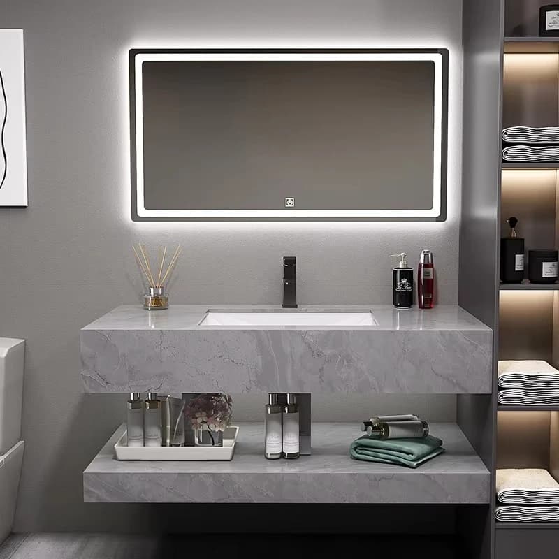 Mobile Bagno Sospeso Moderno con Lavabo Integrato, Top in Pietra, Illuminazione Impermeabile e Vano Contenitore