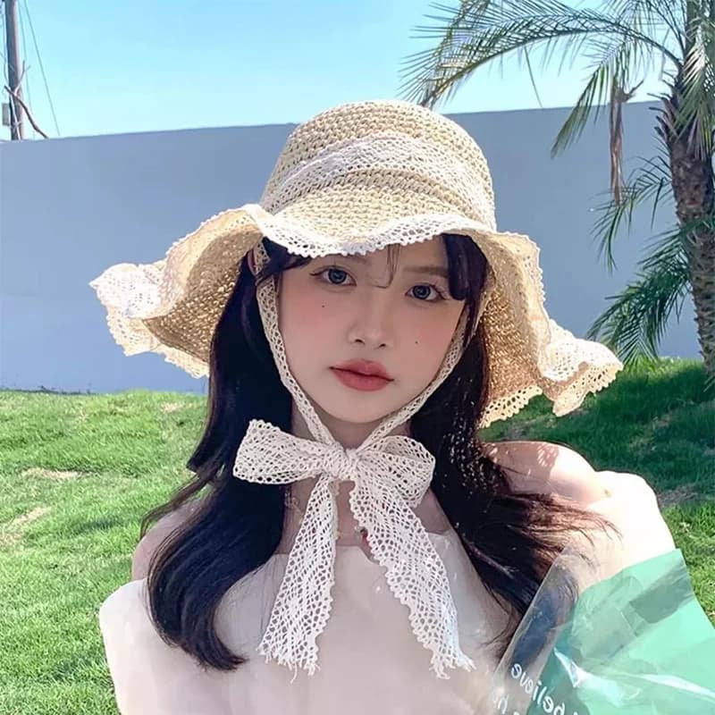Cappello Estivo da Donna in Paglia con Protezione UV, Tesa Larga, Laccio in Pizzo, Pieghevole, per Spiaggia e Vacanze XKTYM03