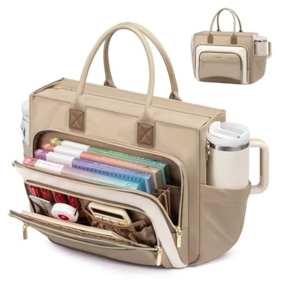 Teacher Tote Bag for Women, Laptop bag with Large Cup Holder, Work bag with Accordion File Organizer Pocket, Multi-Pockets Prof