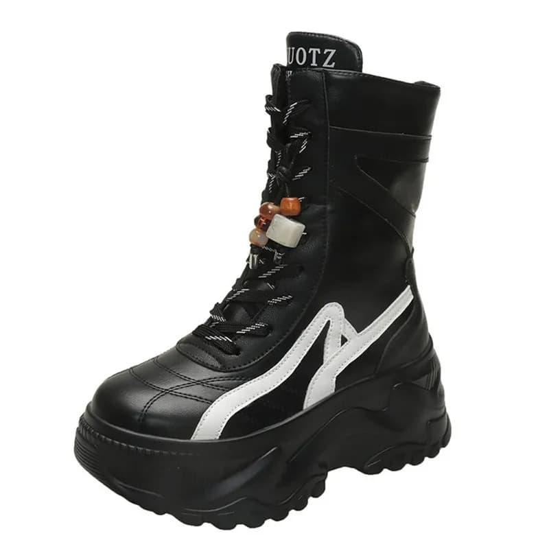 Nuove donne 8CM stivali al polpaccio robusti 2025 autunno inverno perline scarpe con zip stringate stivali da moto con piattaforma alta sneakers in pelle