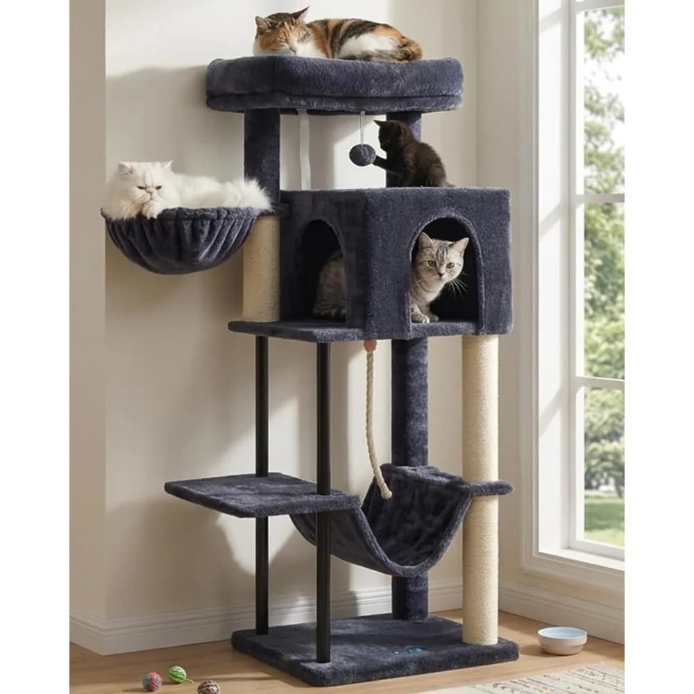Quick ShipLocal Warehouse Cat Tree Tower 43.3 inch for Indoor Cats, Sturdy Steel Tube, Hammock, Cat Condo Scratching Post,