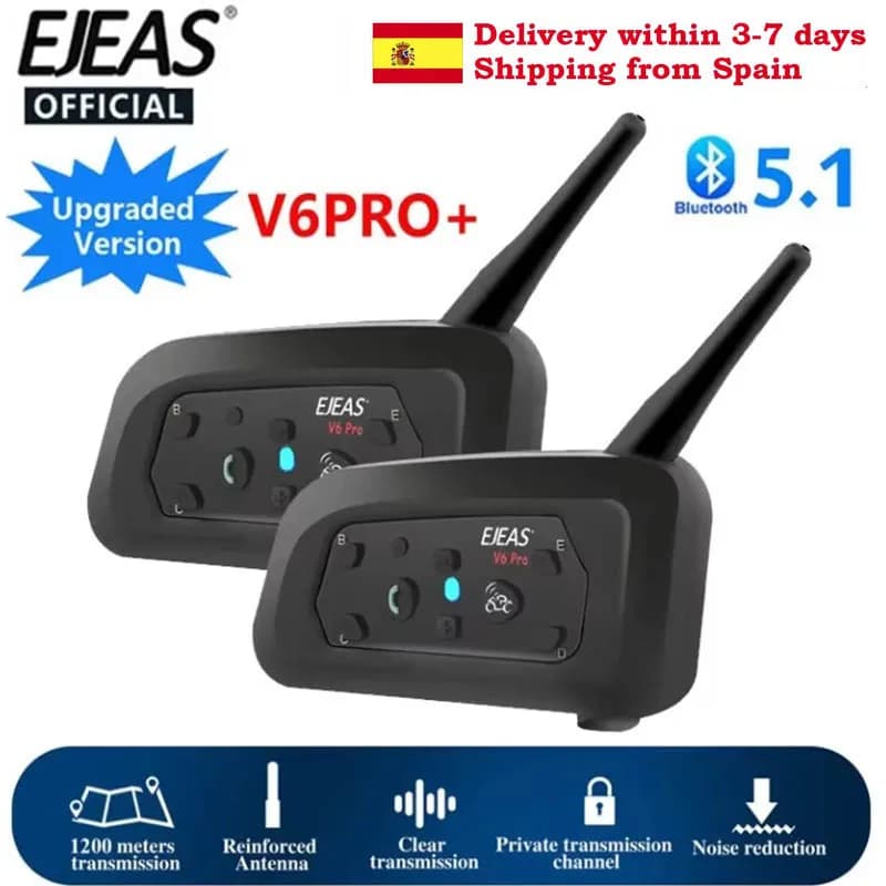 Solo EJEAS Negozio ufficiale oversea V6PRO + Interfono per moto Casco Bluetooth5.1 Auricolare 6 ciclisti Comunicatore 800m Impermeabile