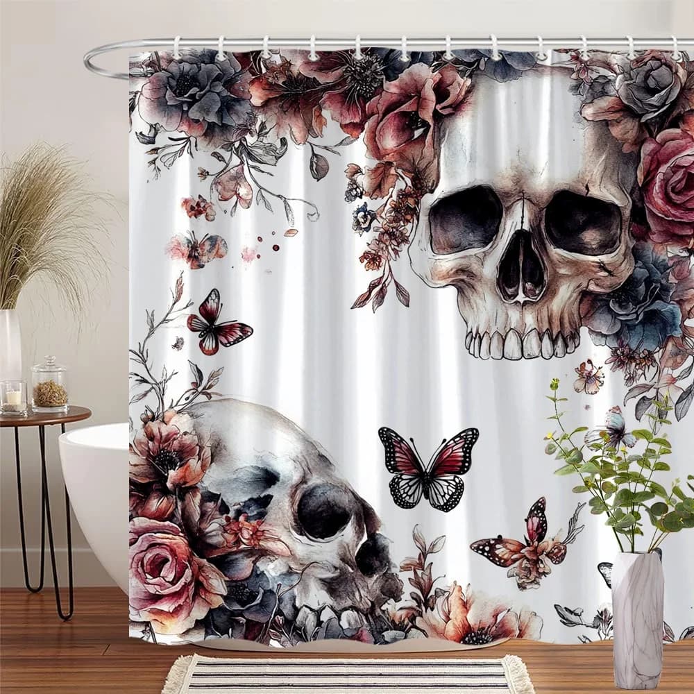 Tenda da doccia con teschio floreale fantasia gotica: rose e farfalle vibranti, poliestere resistente, ideale per l'arredamento del bagno